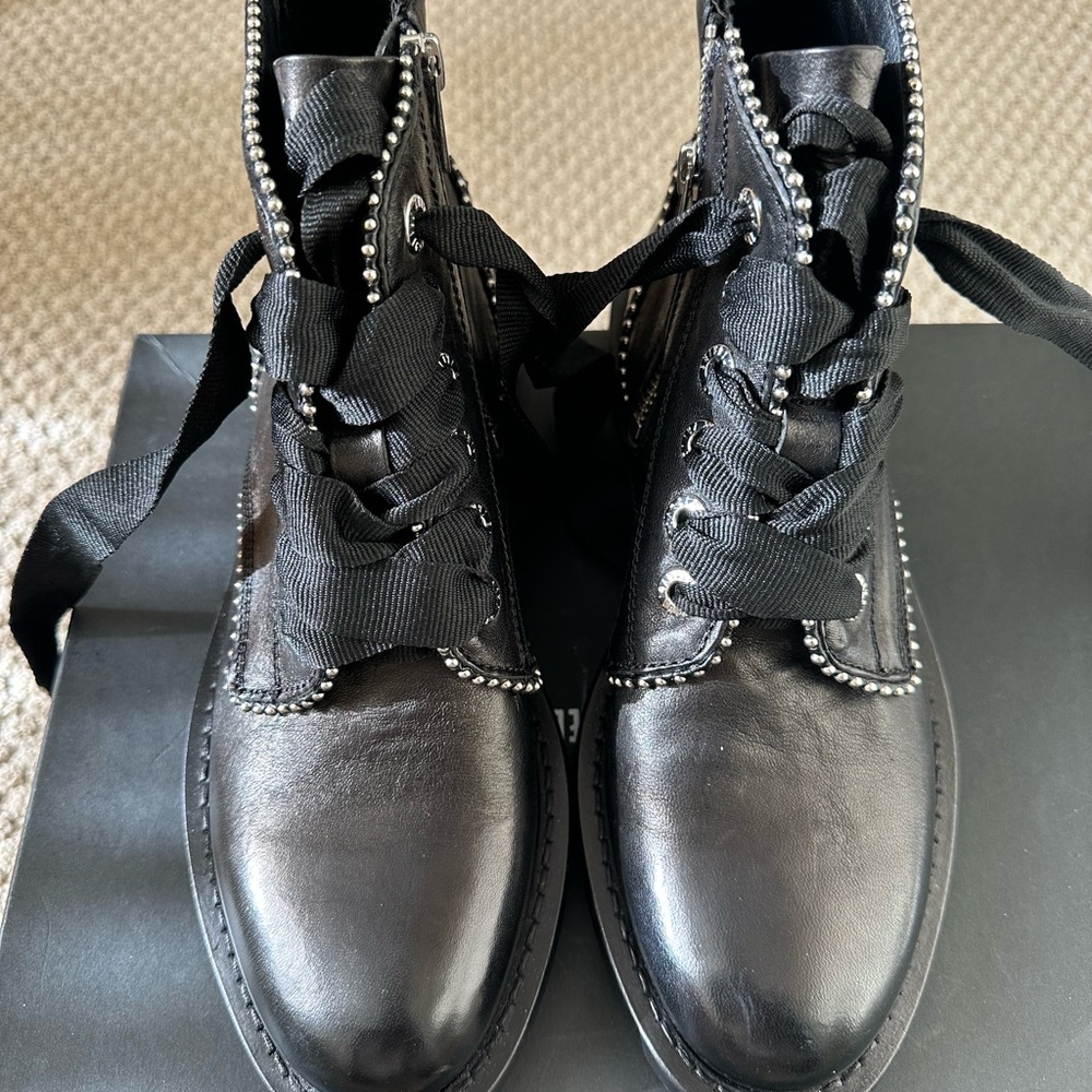 NWOT Zadig & Voltaire Black Leather Ankle Bootie with Studded Detail.